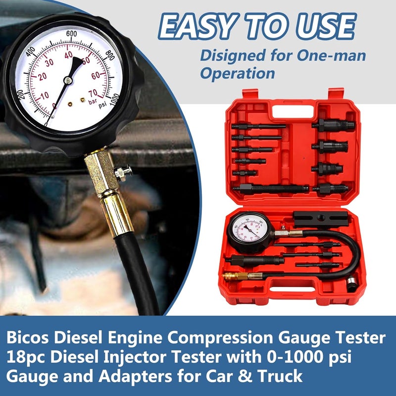 Bicos Diesel Engine Compression Tester Kit with 0-1000 psi Gauge and Adapters Cylinder Pressure Test Tool Kit Diesel Injector Tester Check Cylinders in Diesel Car & Truck - Image 5